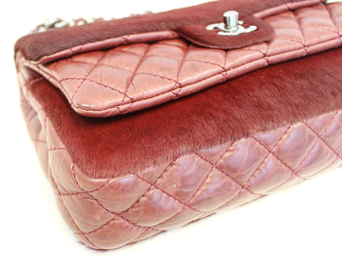 CHANEL Burgundy Quilted Leather Pony Hair Double Flap Shoulder Bag