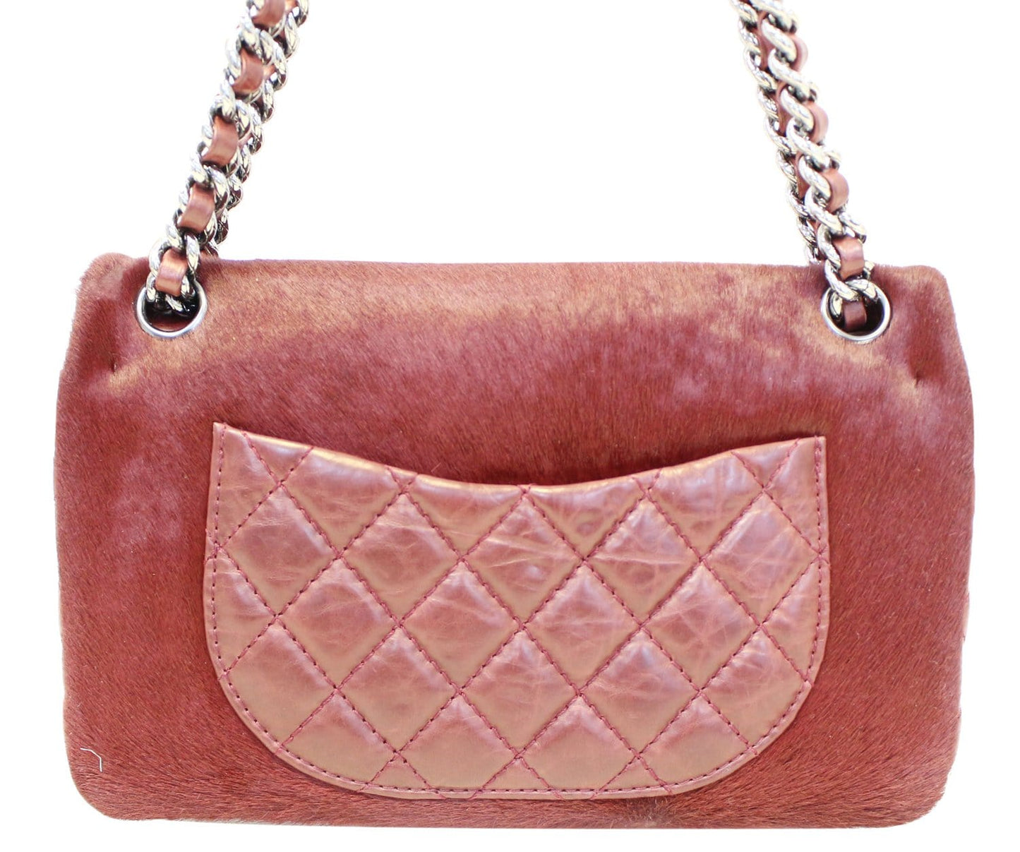 CHANEL Burgundy Quilted Leather Pony Hair Double Flap Shoulder Bag