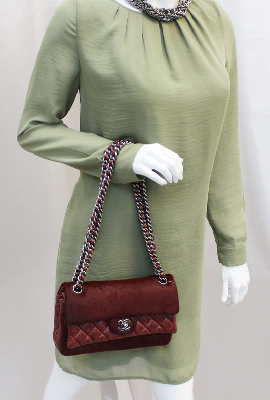 CHANEL Burgundy Quilted Leather Pony Hair Double Flap Shoulder Bag